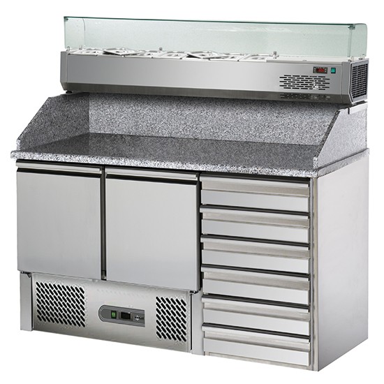 Refrigerated pizza tables 700mm depth with refrigerated display unit