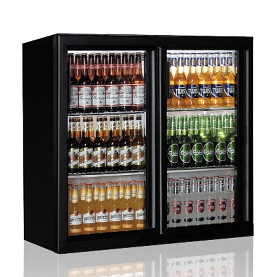 Refrigerated backbar counter with glass swing doors