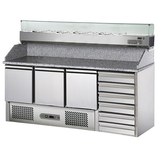 Refrigerated pizza tables 700mm depth with refrigerated display unit