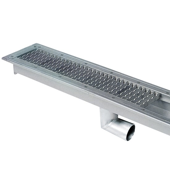 Floor gutter with grating and side discharge