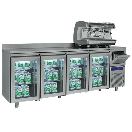 Refrigerated backbar counter with glass doors and knock-out drawer