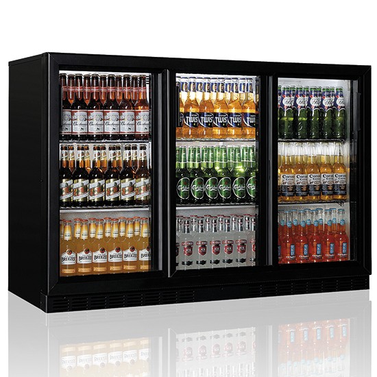 Refrigerated backbar counter with glass swing doors